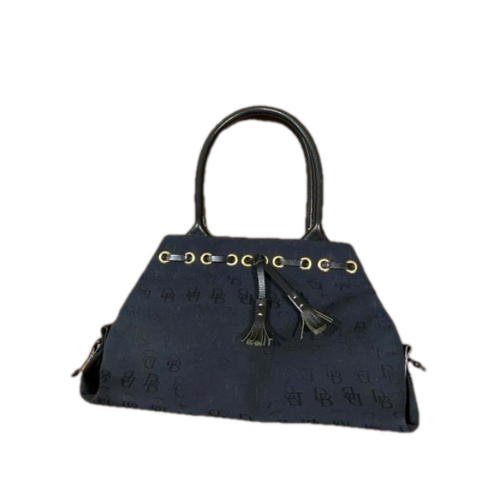 Vintage Dooney & Bourke Signature Monogram Canvas Tassel Tote Bag Black